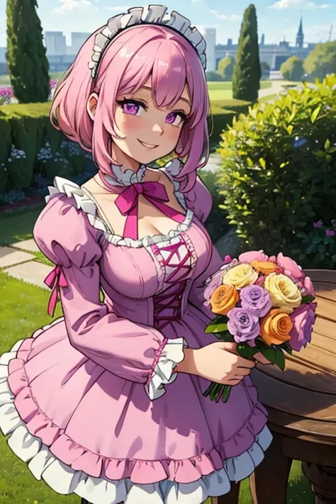 Perfect face. Perfect hands. A pink haired woman with violet eyes and an hourglass figure in a frilly Lolita dress is arranging a bouquet on a table in the garden with a big smile