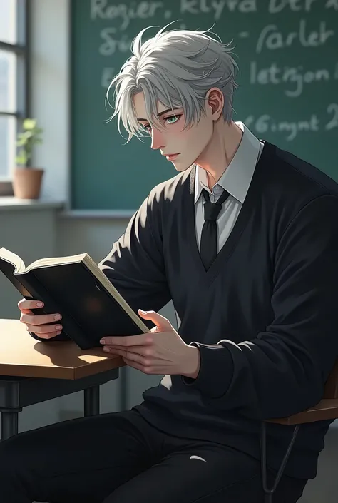 A young man, handsome, romantic face, platinum hair with a few strands of black hair interwoven, black eyebrows, white skin, wearing a long-sleeved white shirt with a black sweatshirt on the outside, black pants,Sitting reading a book in a classroom,  Blac...