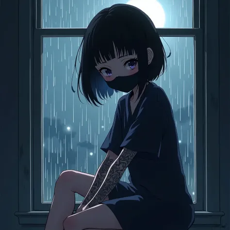 anime style, a girl, very short black hair, night-suit, and a black mask that covers from chin to nose, tattos in the arms, sitting in front of the window, while the rain hit the glass, forming drops that ran vertically and reflected the moonlight.