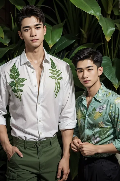 Orchid and Fern Oasis
"In a lush oasis filled with exotic orchids and delicate ferns, a tall, lean, and muscular man with smooth white skin stands confidently among the greenery. (His short hair is styled neatly, and he wears a fitted, partially unbuttoned...