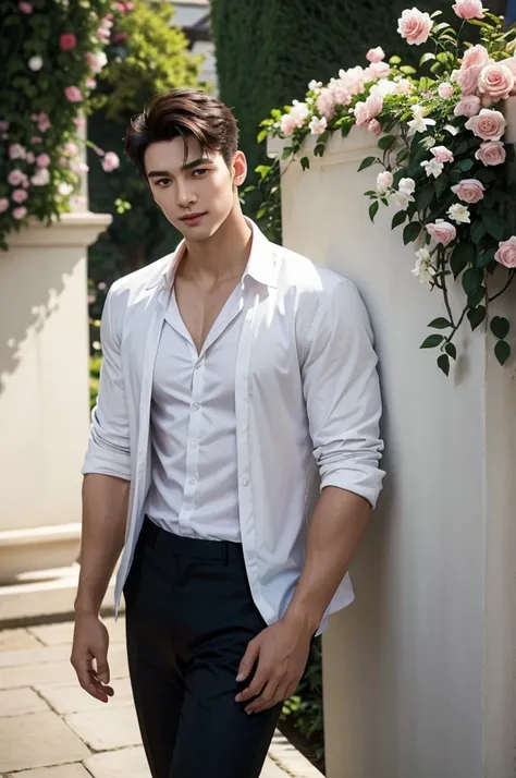 Rose and Jasmine Garden
"In a romantic garden where fragrant roses intertwine with delicate jasmine, a tall, muscular man with flawless white skin stands confidently beside a trellis adorned with climbing blooms. (His short hair is neatly styled, and he we...