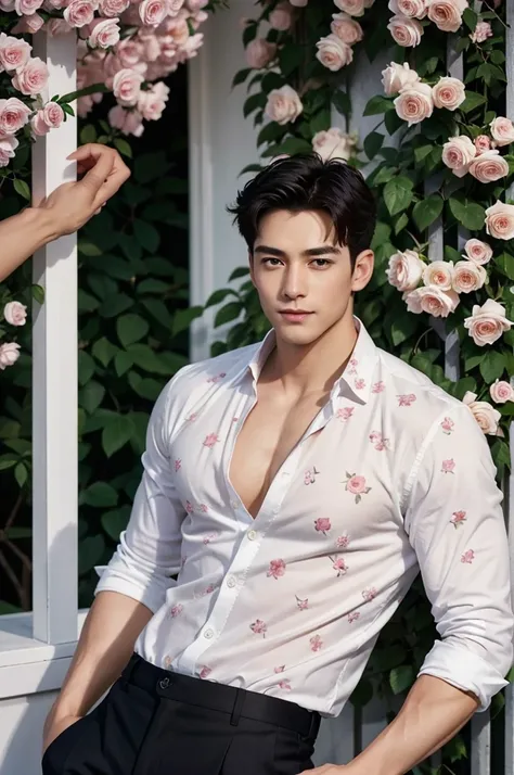 Rose and Jasmine Garden
"In a romantic garden where fragrant roses intertwine with delicate jasmine, a tall, muscular man with flawless white skin stands confidently beside a trellis adorned with climbing blooms. (His short hair is neatly styled, and he we...