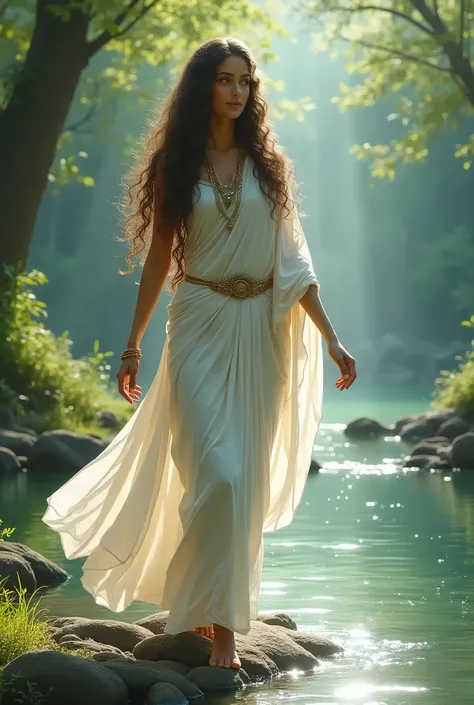 Mata brahmacharini walking around river in beautiful white saree having long curly hair 
