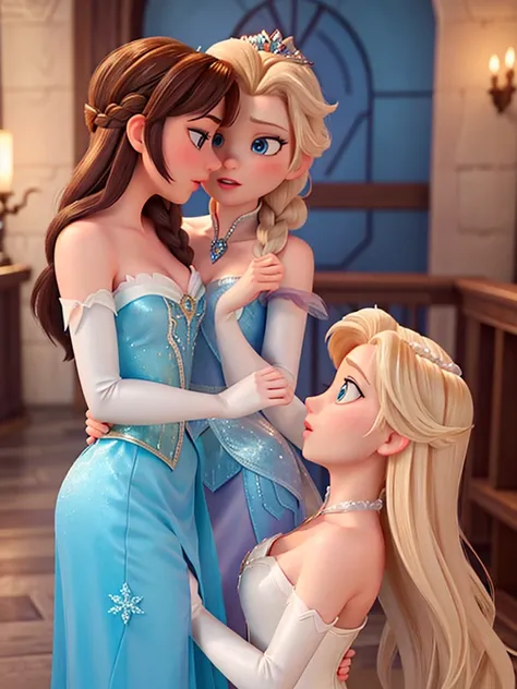 Queen Elsa and Princess Anna from frozen. Lesbian kissing. Erotic touching. Wearing revealing versions of their costume dresses. 