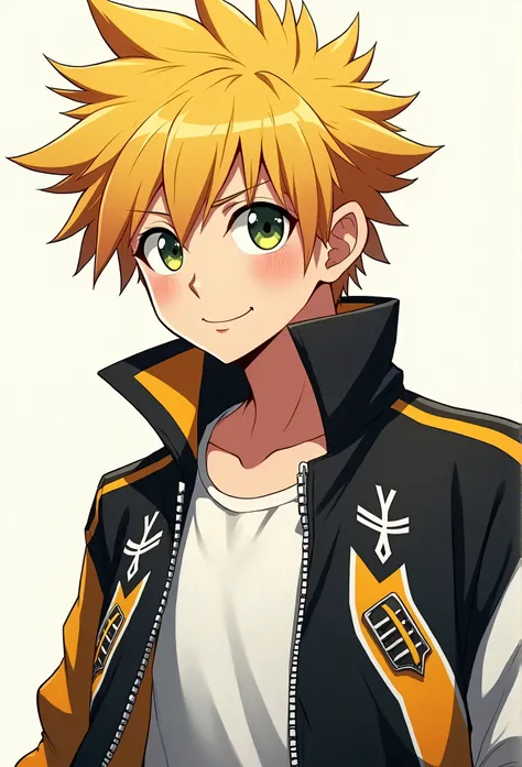 anime boy teen with short yellow hair and black white and yellow jacket with a white shirt