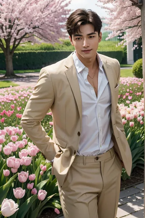 Tulip and Foxglove Escape
"In a picturesque garden where vibrant tulips and elegant foxgloves sway in the breeze, a tall, muscular man with flawless white skin stands confidently amidst the colorful scene. (His short hair is tousled by the wind, and he wea...