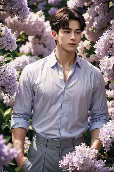 Violet and Lilac Serenity
"In a serene garden filled with delicate violets and fragrant lilacs, a tall, lean, and muscular man with smooth white skin stands confidently, surrounded by the gentle hues of purple. (His short hair is styled neatly, and he wear...