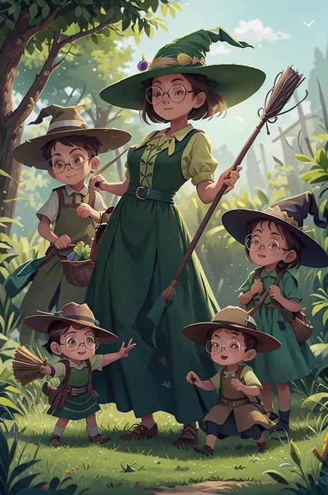 1 woman and wear hat, glasses, green dress. Next to the woman are two children, one girl and one boy. the Woman teaches children how to protect nature. They travel the world riding a broom. they riding a big Witchs broom.