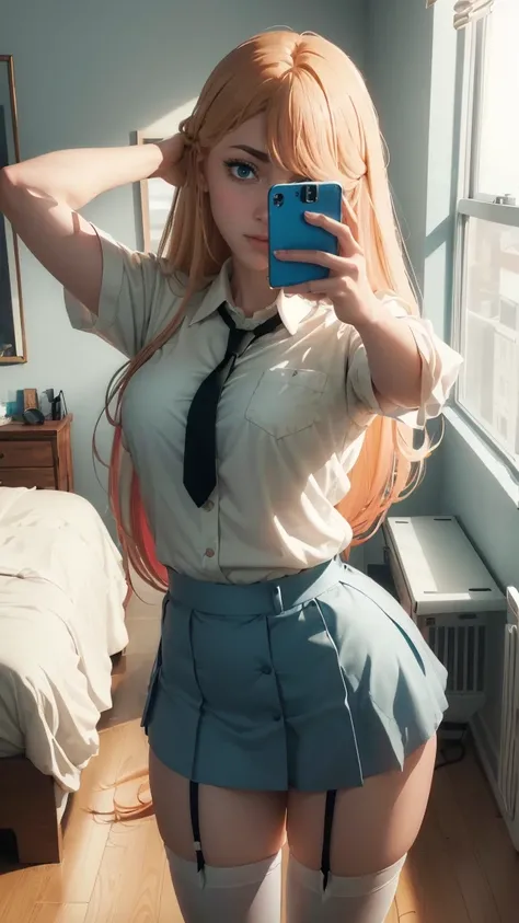 Power, very beautiful, blue eyes, very giant breasts , shaped legs, very large buttocks, long blonde straight hair ((He is in his room taking a selfie)) ((dressed in a school uniform, white button-down shirt, short tie, wide, short, very tiny, wide, colorf...