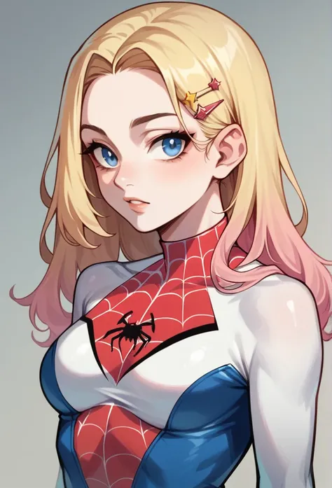  Blonde hair dyed pink at the ends,Alone, 1 , star hair clips, white skin, Spider-Man outfit in white with blue details, light blue eyes