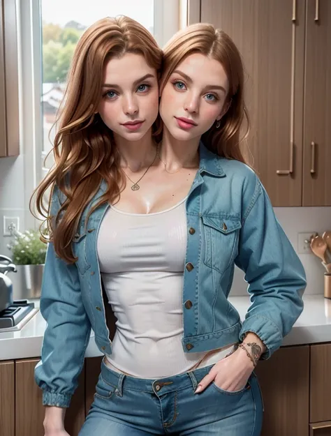 pale white Irish twins with ginger hair, neighbors, 2000’s housewives, modern era housewives, gazing at each other, (detailed 2000’s kitchen, traditional home kitchen, brown wooden cabinets, soft lighting, warm lighting, 2000’s home background, contemporar...