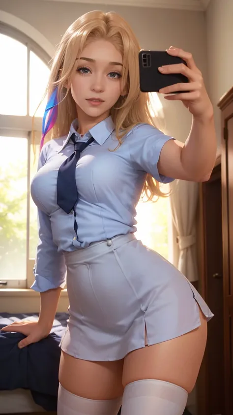 Dana Foster, very beautiful, blue eyes, very giant breasts , shaped legs, very large buttocks, short blonde straight hair ((He is in his room taking a selfie)) ((dressed in a school uniform, white button-down shirt, short tie, wide, short, very tiny, wide,...