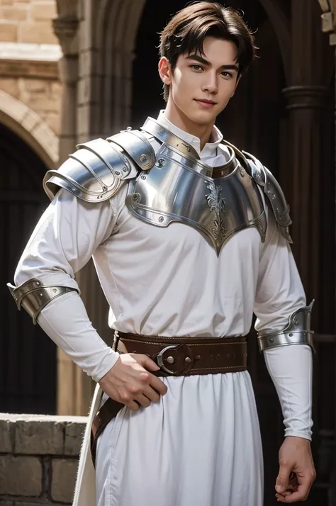 Medieval Castle Courtyard
"In a grand medieval castle courtyard filled with banners and knights preparing for a tournament, a tall, lean, and muscular man with smooth white skin stands confidently in armor. (His short hair is neatly styled, and he wears a ...