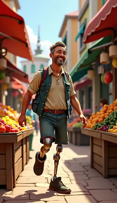 Create realistic pixar-style image Man with a prosthetic left leg with a fruit stand working Overcoming his limitations 