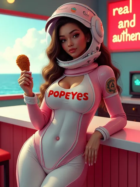 white and pink astronaut swimsuit with a POPEYES logo, long wavy hair, curvaceous derrière..Super intricate and elaborate futuristic helmet, transparent visor, she have a fried chicken drumstick in her hand.  colorful indoor setting, leaning pose with , lo...