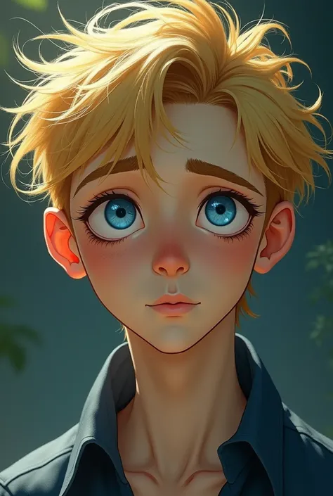 Young man, 1, pale skin, blue eyes, dark cycles, blond wild Hair, prominent nose, Disney 