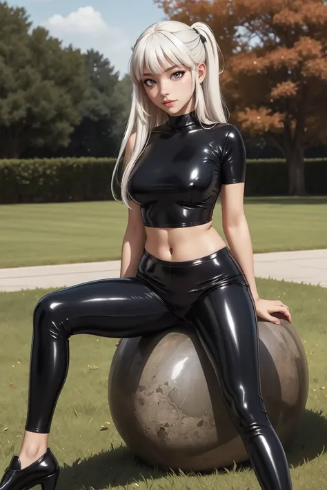 (artwork:1.0), (better_quality:1.0), Stand tall "Attention!", looking at the viewer, 8 k, 1 girl, , Anime character girl with long white hair in clothes (black latex shirt:1.2), (Latex pants), skin, , latex, bright, navel,(black latex shirt:1.2), (Latex pa...