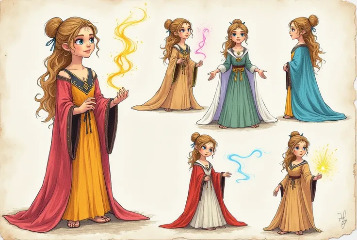 On a page of paper there is a sketch made with colored pencil. The sketch contains a character drawn several times with a variety of hairstyles and medieval-style clothing.. And a little bit of magic.