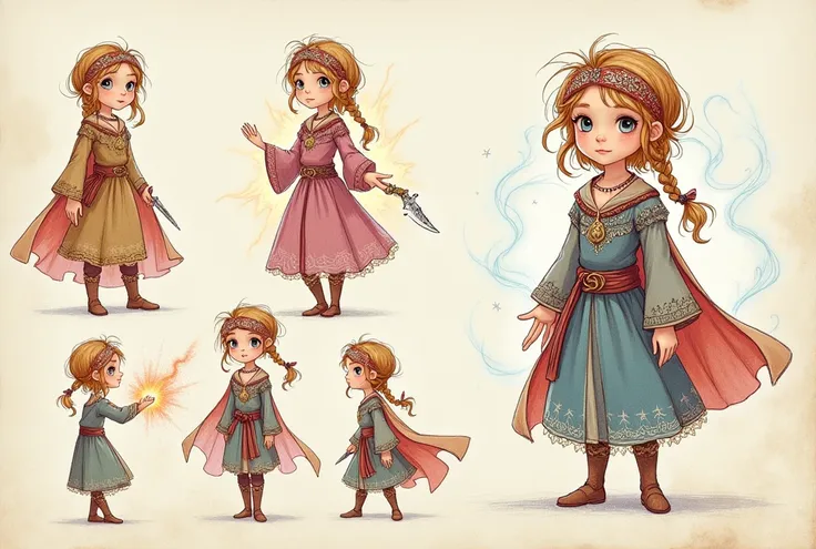 On a page of paper there is a sketch made with colored pencil. The sketch contains a character drawn several times with a variety of hairstyles and medieval-style clothing.. And a little bit of magic.