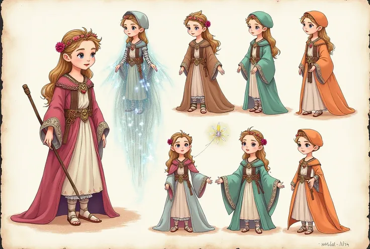 On a page of paper there is a sketch made with colored pencil. The sketch contains a character drawn several times with a variety of hairstyles and medieval-style clothing.. And a little bit of magic.