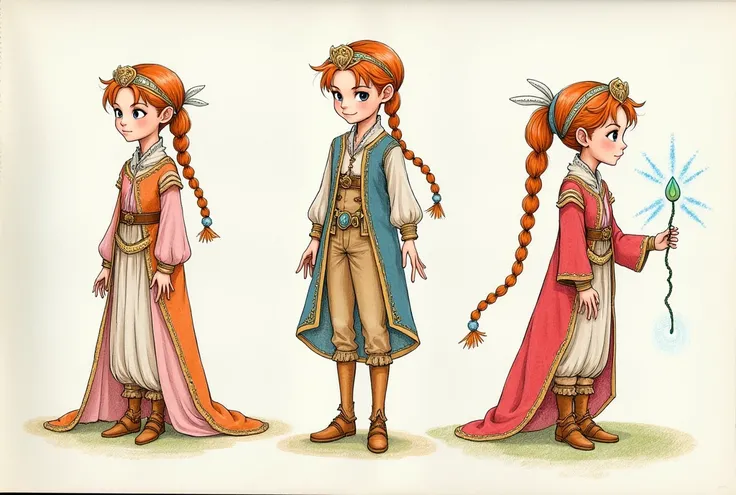 On a page of paper there is a sketch made with colored pencil. The sketch contains a character drawn several times with a variety of hairstyles and medieval-style clothing.. And a little bit of magic.