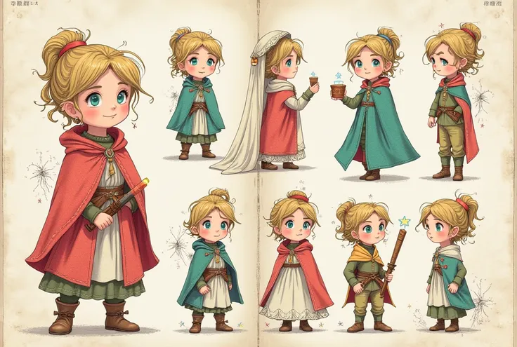 On a page of paper there is a sketch made with colored pencil. The sketch contains a character drawn several times with a variety of hairstyles and medieval-style clothing.. And a little bit of magic.