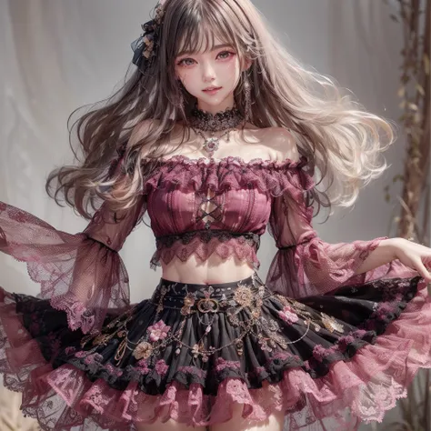 One beautiful girl、Cute、round face、Big eyes、Droopy eyes、Her hair is a platinum gold short bob.、Fair-skinned beautiful girl。Laugh with your mouth slightly open、The outfit is a white, shiny, thin silk lace dress.、Gothic two-piece off-the-shoulder、Off West、Th...