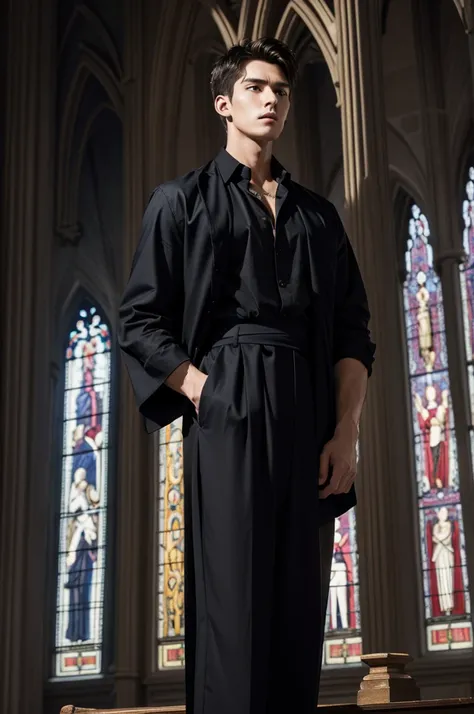 Gothic Cathedral Interior with Angels
"Inside a breathtaking Gothic cathedral, where light streams through colorful stained glass windows, a tall, lean, and muscular man with smooth white skin stands confidently in the nave, flanked by ethereal angels. His...