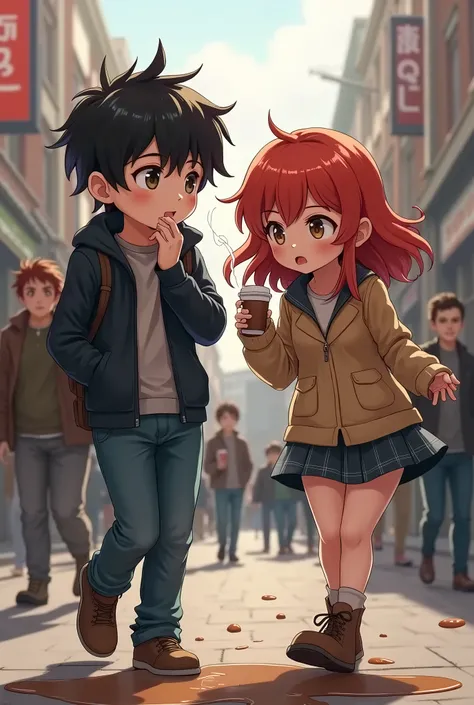 Black haired boy and red haired girl who bumped into him, spilling your coffee