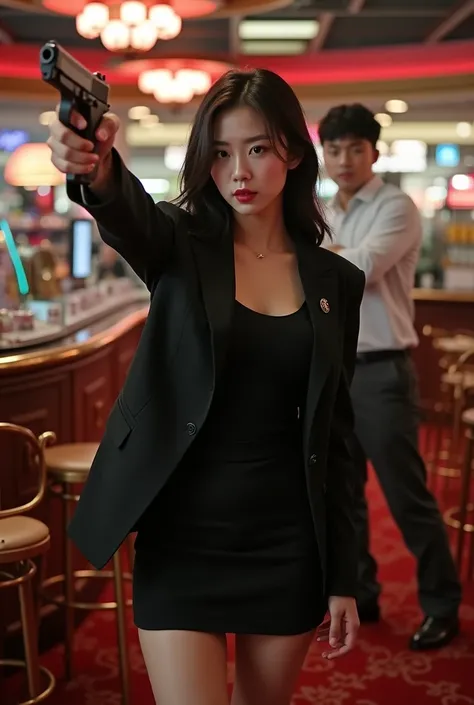 Hold a small pistol in one hand、No windows and no sunlight、One Woman、The woman is in black office style、The woman is wearing a tight black mini skirt:1.5 、Her face is Korean and super beautiful、Idol face、Double、Spread your legs:1.9、The location is a casino...