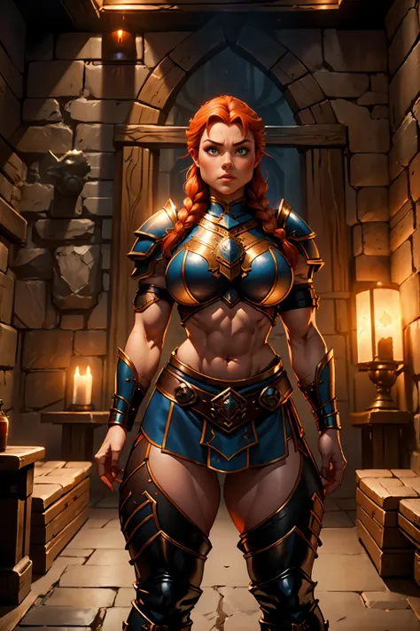 stocky ginger female dwarven adventurer, dramatic lighting, breastplate armor, long braided hair, fat, busty, standing in a dung...