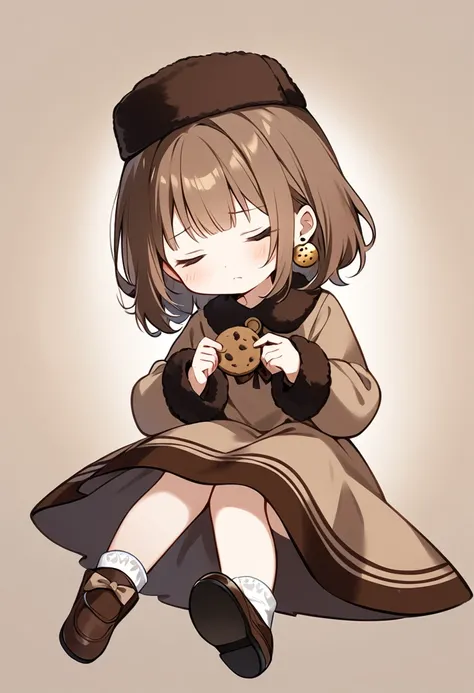 1girl, looking down, closed eyes, long brown hair, dark brown Russian Ushanka, holding a chocolate chip cookie, short brown dress, brown dress bow, cute shoes, brown shoes with bows, cookie earrings