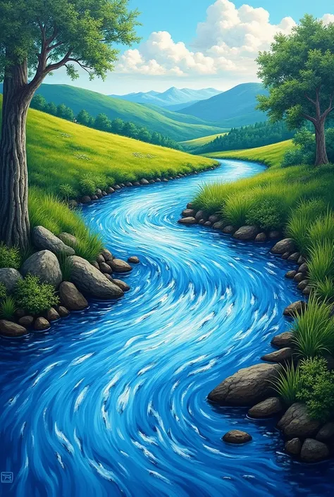 painting acrylic, Optical illusion, Water flows upstream along a stream 