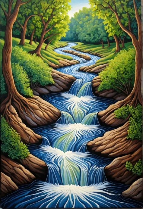 Painting Acrylic, Optical illusion, Water flows upstream along a stream 