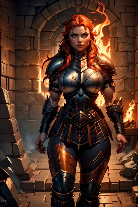 stocky ginger female dwarven adventurer, dramatic lighting, breastplate armor, long braided hair, fat, busty, standing in a dung...