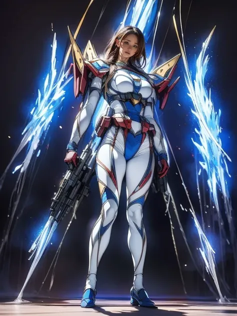 Full Body Shot, Very detailed, The costume colors were inspired by Gundam.、8k, Actual Photos, impressive lighting, Dynamic action poses, Great energy effect, Blue and white color palette, Simple costume design, Advanced Technology, Heroic and powerful, Wit...