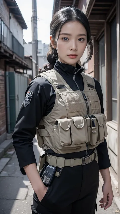 黒い制服を着た30代のwomanが廊下で銃を持っている., wear tactical gear, 黒のテックウェアを着たwomanの写真, dressed in tactical armor, black tactical gear, tactical ...