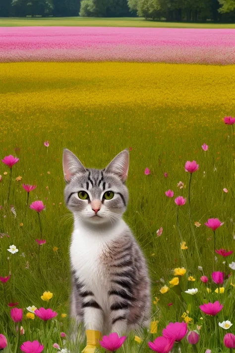 Realistic animal made of duck and cat on a flower meadow 