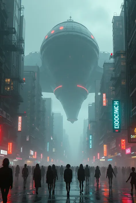 Photo of a huge dystopian secret facility, futurist, blade runner style, Apocalypse, gray sky, a huge ship (Space freighter) floating around the structure, tem enormes edifícios futurists cercando a instalação, the buildings have neon lights on, There are ...