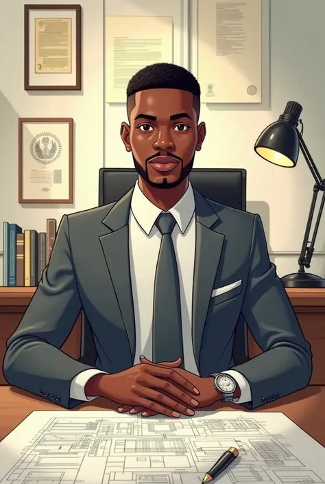 A young African-American architect entrepreneur. An African-American male character with short hair. Alfred is wearing a gray suit, in classic pants sitting in office in front view Cartoon 