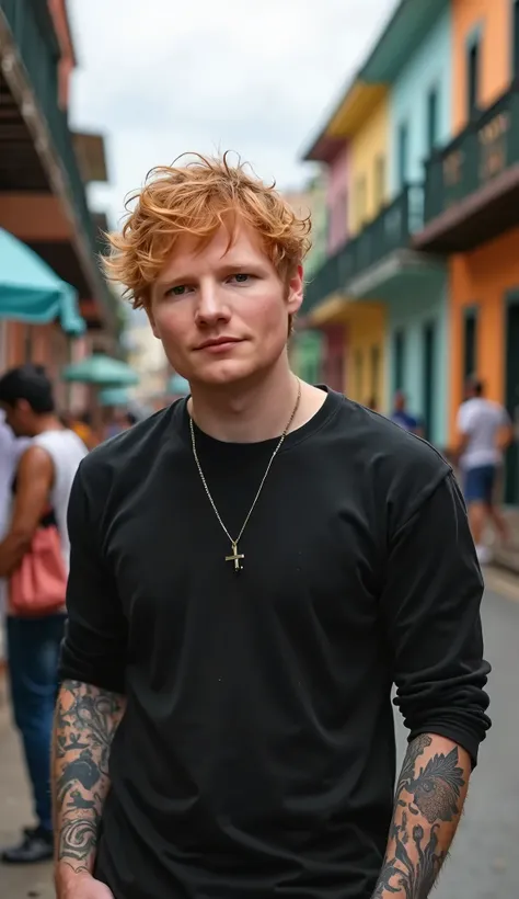 Ed Sheeran looks at the camera in a Brazilian city 