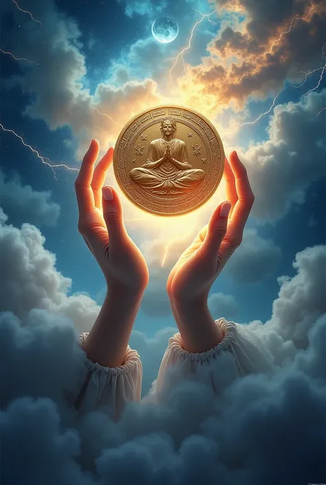 Two hands coming out of a white cloud ,In the cloud you can see lightning ,very small stars and planets ,This cloud comes accompanied by many beautiful colors ,The hands are holding a large coin and on the coin there is an image of a person meditating.,ful...