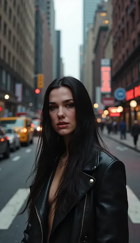 dua lipa looks at the camera in a new yourk city isolated street
