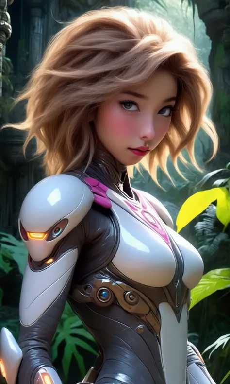 a cute yuna, age 25, wearing a sexy sci-fi explorer suit, exploring an abandoned alien city overgrown by the jungle, city of the vampire lesbians, detailed sculptures, detailed ruins, detailed environment, beautiful detailed eyes, beautiful detailed lips, ...