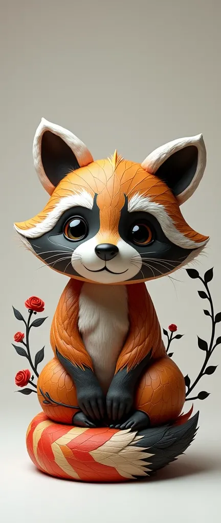 A charming and vibrant sculpture of a realistically fluffy baby raccoon with the artistic styles of Adda Barrios and Aher Digital. The raccoon is depicted in a playful pose, sitting with its fluffy tail curled around its body. Its fur is adorned with intri...