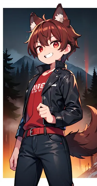 1boy, Medium length Brown Hair, Glowing Red eyes, Smooth scarred Wolf-Ears, Large rough Tail, large scar across Left Eye. wearing a Worn Leather Jacket, a Black Shirt, Worn blue Jeans, and Black Boots. Standing in a misty forest, grinning, fangs, sharp tee...