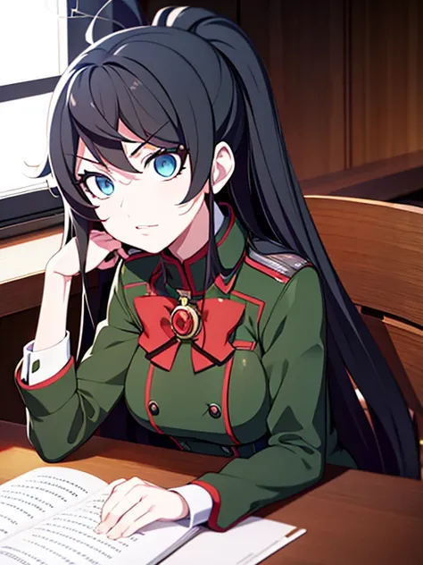 Anime girl with long black hair sitting at desk, (SFW) Safe for work, Kantai Collection Style, Akane Owari Danganronpa, Digital art from Danganronpa, Anime Mo, , From the front line to girls, Realistic schoolgirl, Rin Tohsaka, sexy anime girl, With big bre...