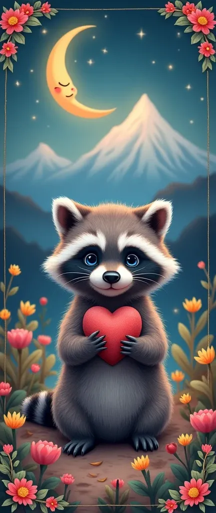 A photo of a super fluffy baby raccoon sitting in a serene nighttime landscape. Above the raccoon, a crescent moon with a sleeping face is prominently displayed against a starry sky. The raccoon has large, expressive blue eyes and holds a heart in its hand...