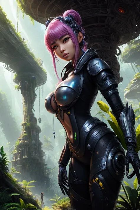 a cute yuna, age 25, wearing a sexy sci-fi explorer suit, exploring an abandoned alien city overgrown by the jungle, city of the vampire lesbians, detailed sculptures, detailed ruins, detailed environment, beautiful detailed eyes, beautiful detailed lips, ...