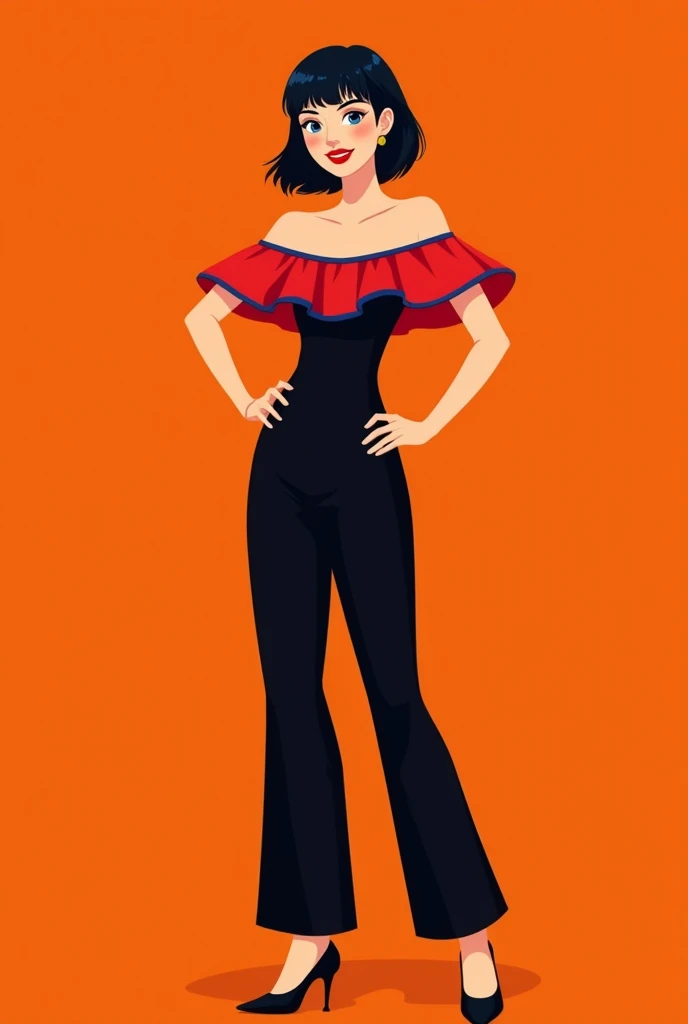 Vector illustration, girl, minimalist, flat color, A female as a Dancer, Medium Black Hair, Bob Cut, Blue Eyes, Red Lips, smile, wearing a stylish black jumpsuit. The jumpsuit features a red off-the-shoulder ruffle at the top, which is accented with blue t...